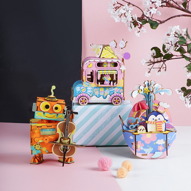 Robotime New Arrival DIY 3D Kitty Ballet Wooden Puzzle Game Assembly Moveable Music Box Toy Gift for Children Kids Adult AMD