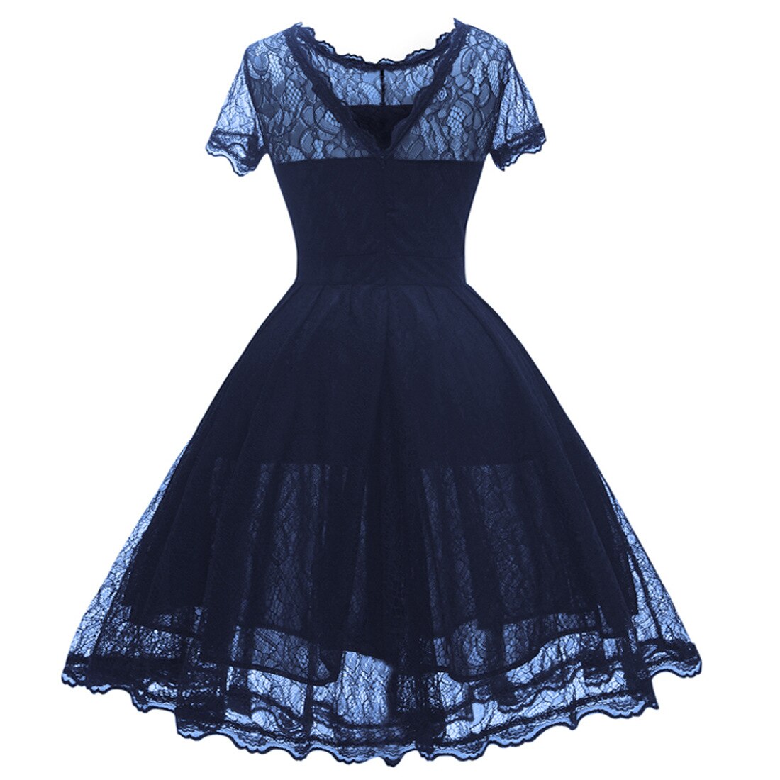 Spring New Women's Dress Solid Color Lady Vintage Lace Dress Hollow Long Casual Zipper Black Dresses Female Short Sleeve