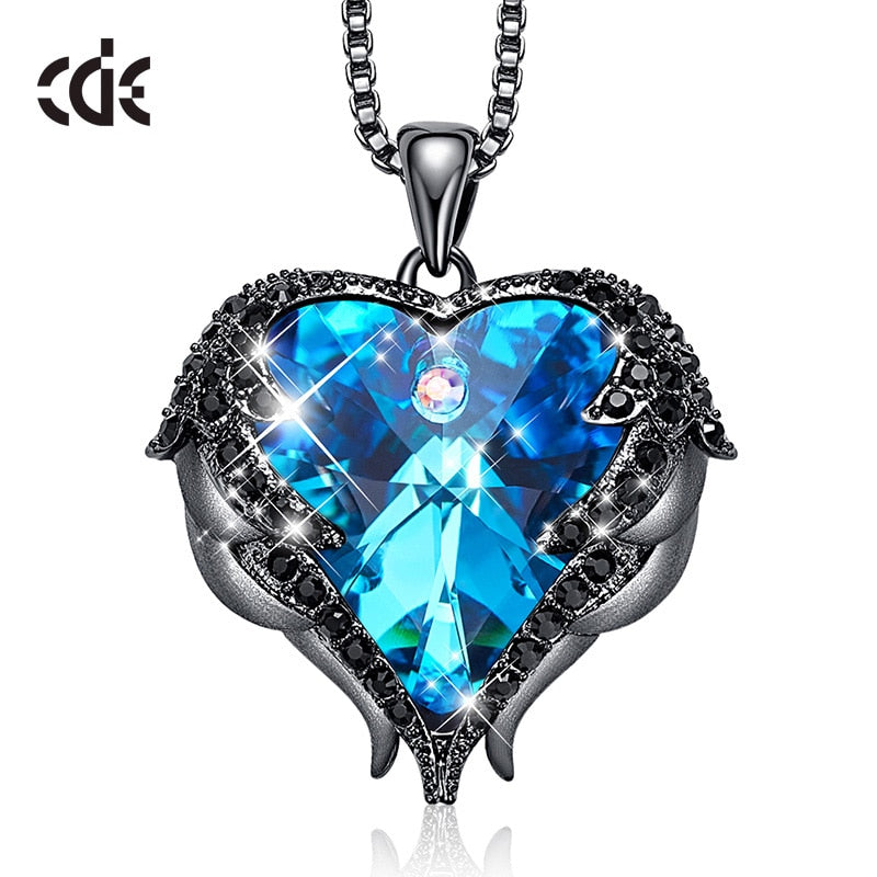 CDE Women Silver Color Necklace Embellished with Crystals Necklace Angel Wings Heart Pendant Valentines Gift