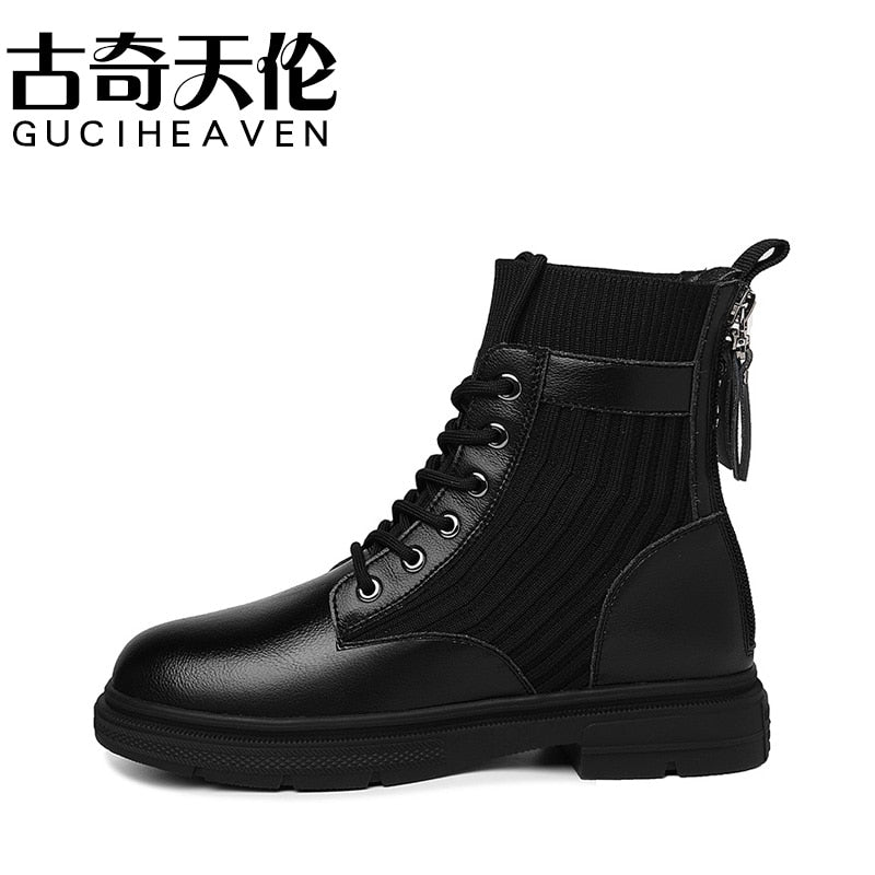 Ladies Autumn Round Toe Zipper Lace-up Martin Boots Handsome Locomotive Elastic Boots