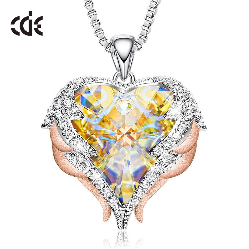 CDE Women Silver Color Necklace Embellished with Crystals Necklace Angel Wings Heart Pendant Valentines Gift