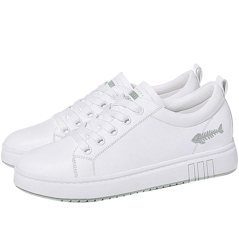 Ladies round toe platform low-top shoes, fish bone embroidery casual white shoes