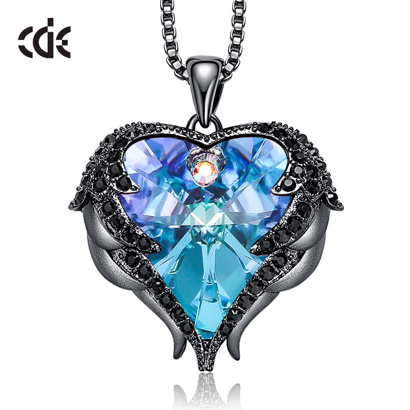 CDE Women Silver Color Necklace Embellished with Crystals Necklace Angel Wings Heart Pendant Valentines Gift