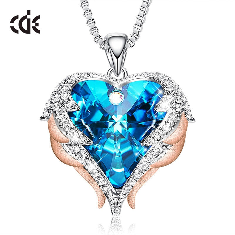 CDE Women Silver Color Necklace Embellished with Crystals Necklace Angel Wings Heart Pendant Valentines Gift