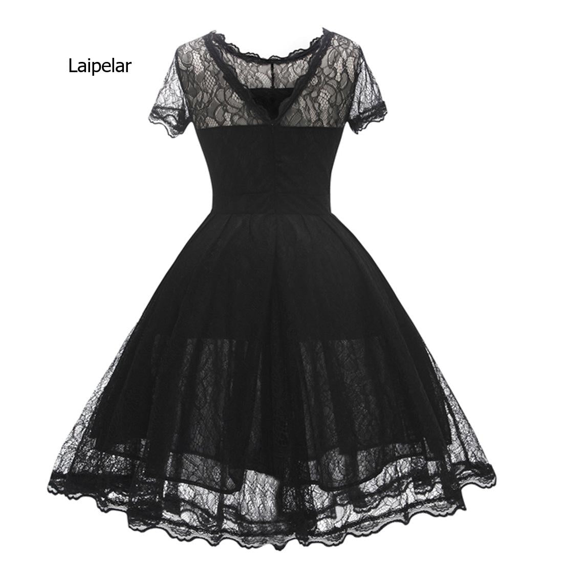 Spring New Women's Dress Solid Color Lady Vintage Lace Dress Hollow Long Casual Zipper Black Dresses Female Short Sleeve
