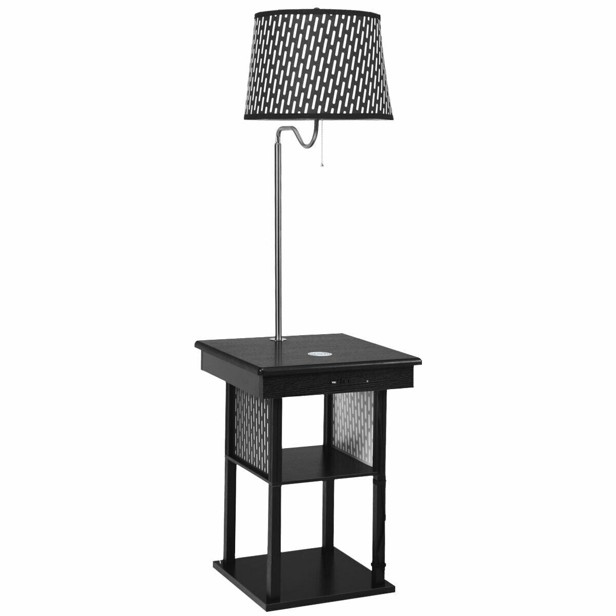 Floor Lamp, Swing Arm Lamp w/Shade Built in End Table Includes 2 USB Ports (Black Shade)