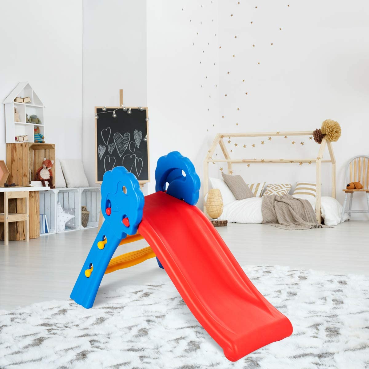 BABY JOY Folding Slide, Plastic Play Slide Climber for Kids (Floral Rail)