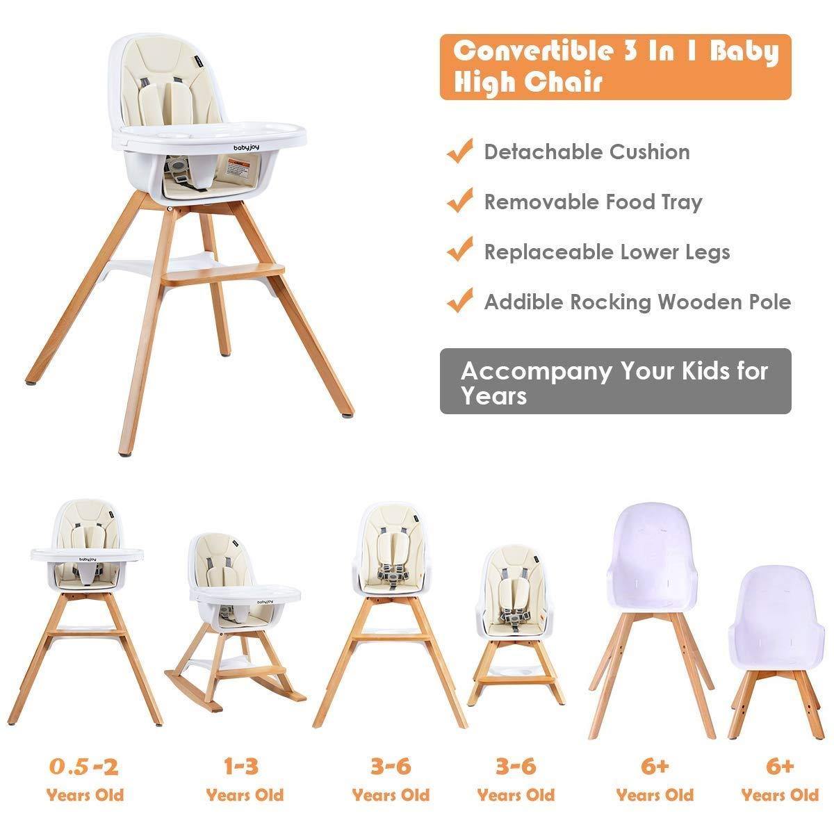 BABY JOY 3 in 1 High Chair, Baby Eat & Grow Convertible Wooden High Chair/Rocking Chair/Booster Seat/Toddler Chair