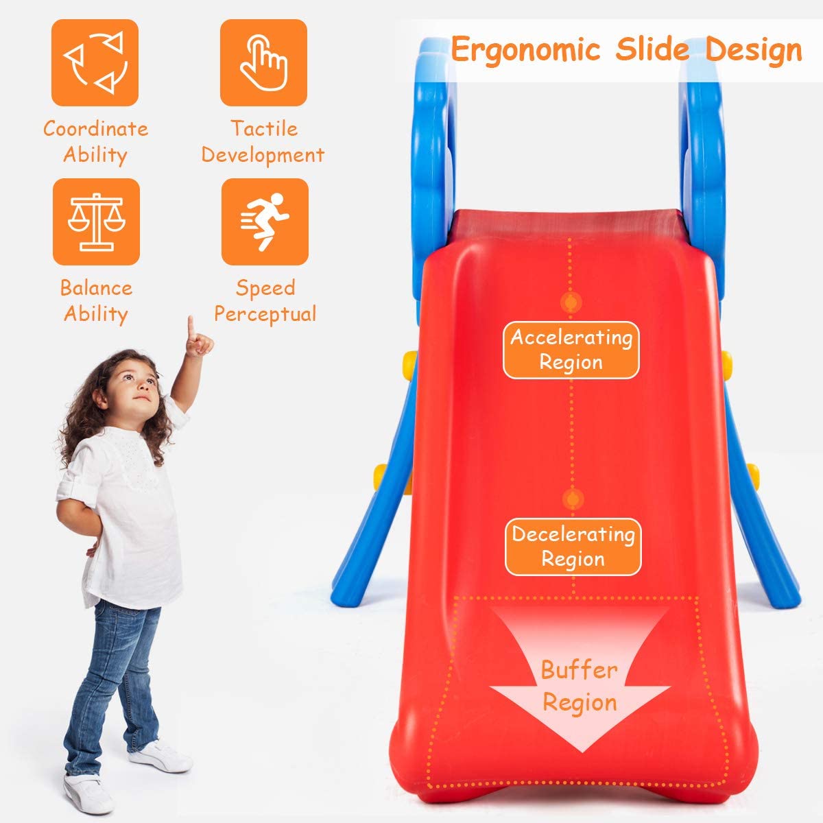 BABY JOY Folding Slide, Plastic Play Slide Climber for Kids (Floral Rail)
