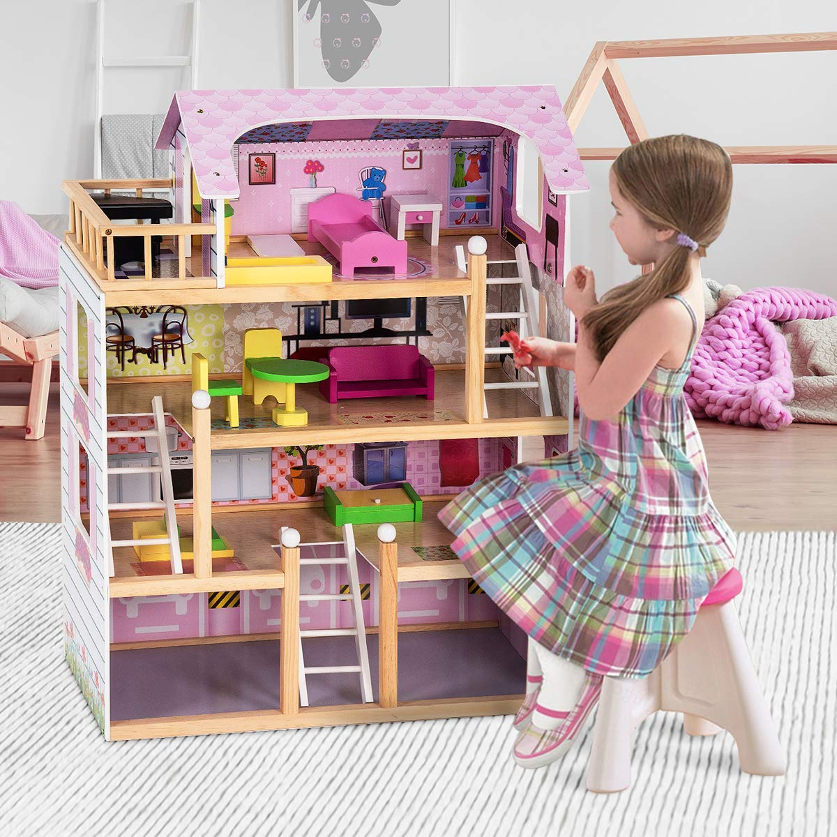 Costzon Dollhouse, Toy Family House with 13 pcs Furniture, Play Accessories