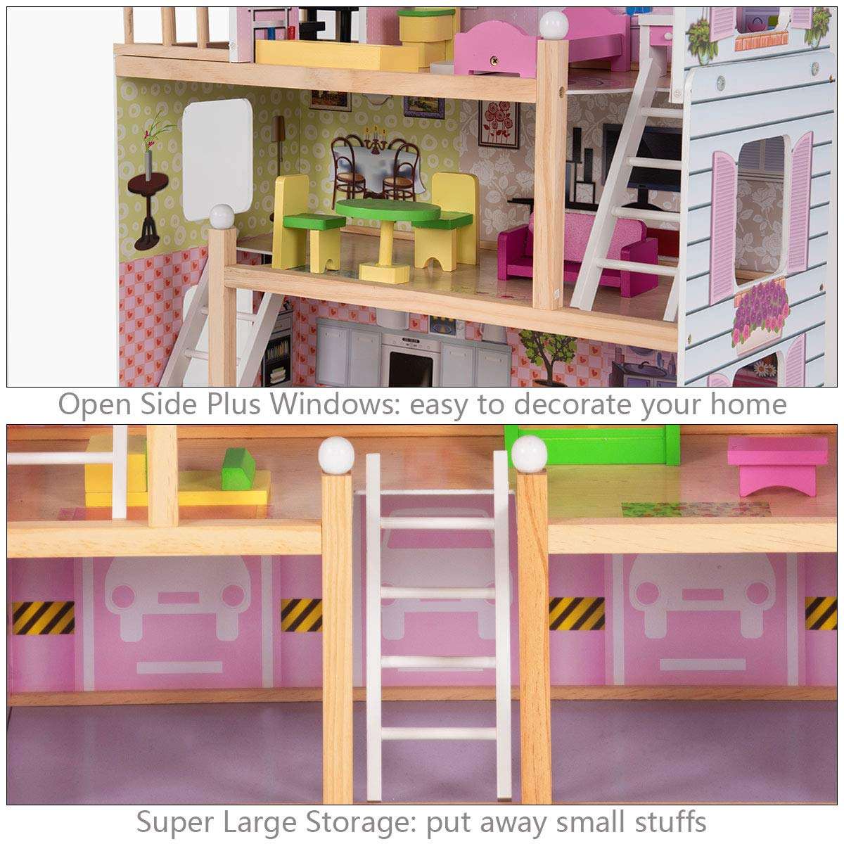 Costzon Dollhouse, Toy Family House with 13 pcs Furniture, Play Accessories