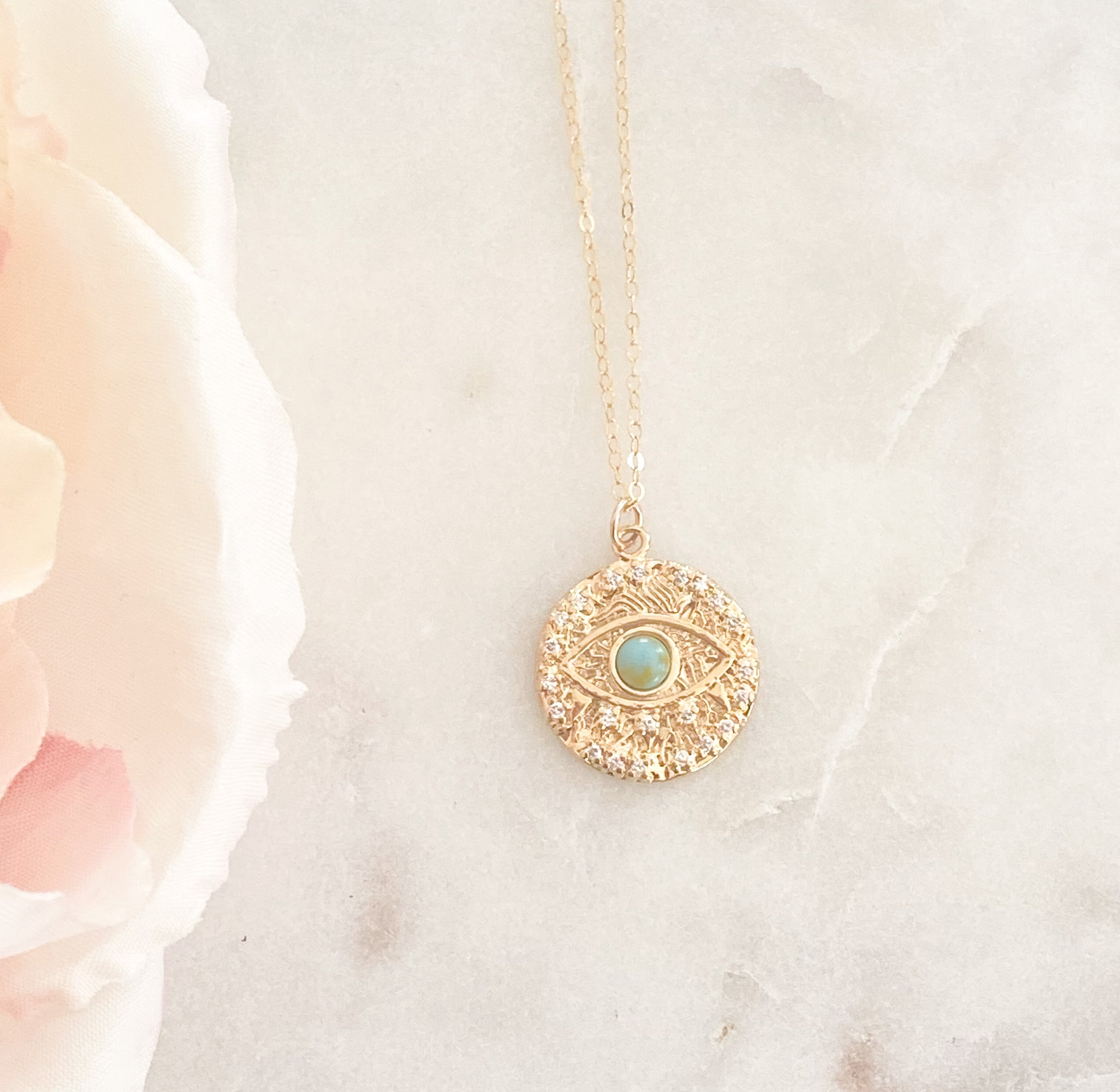 Turquoise Necklace,  Gold Necklace, Turquoise Pendant, layering necklace, tiny gold necklace, sun necklace, dainty gold jewelry