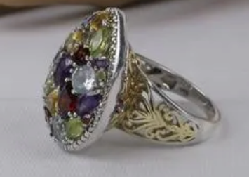 Large Designer Sterling 14kt Multi Gemstone Ring Size 8