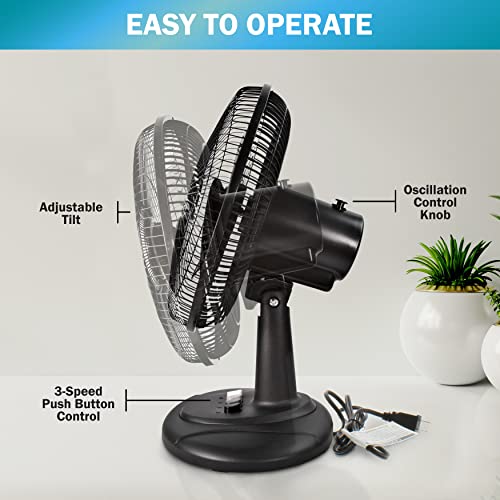 Comfort Zone CZ121BK 3-Speed 12-inch Oscillating Table Fan with Adjustable Tilt, Black