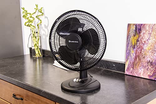 Comfort Zone CZ121BK 3-Speed 12-inch Oscillating Table Fan with Adjustable Tilt, Black