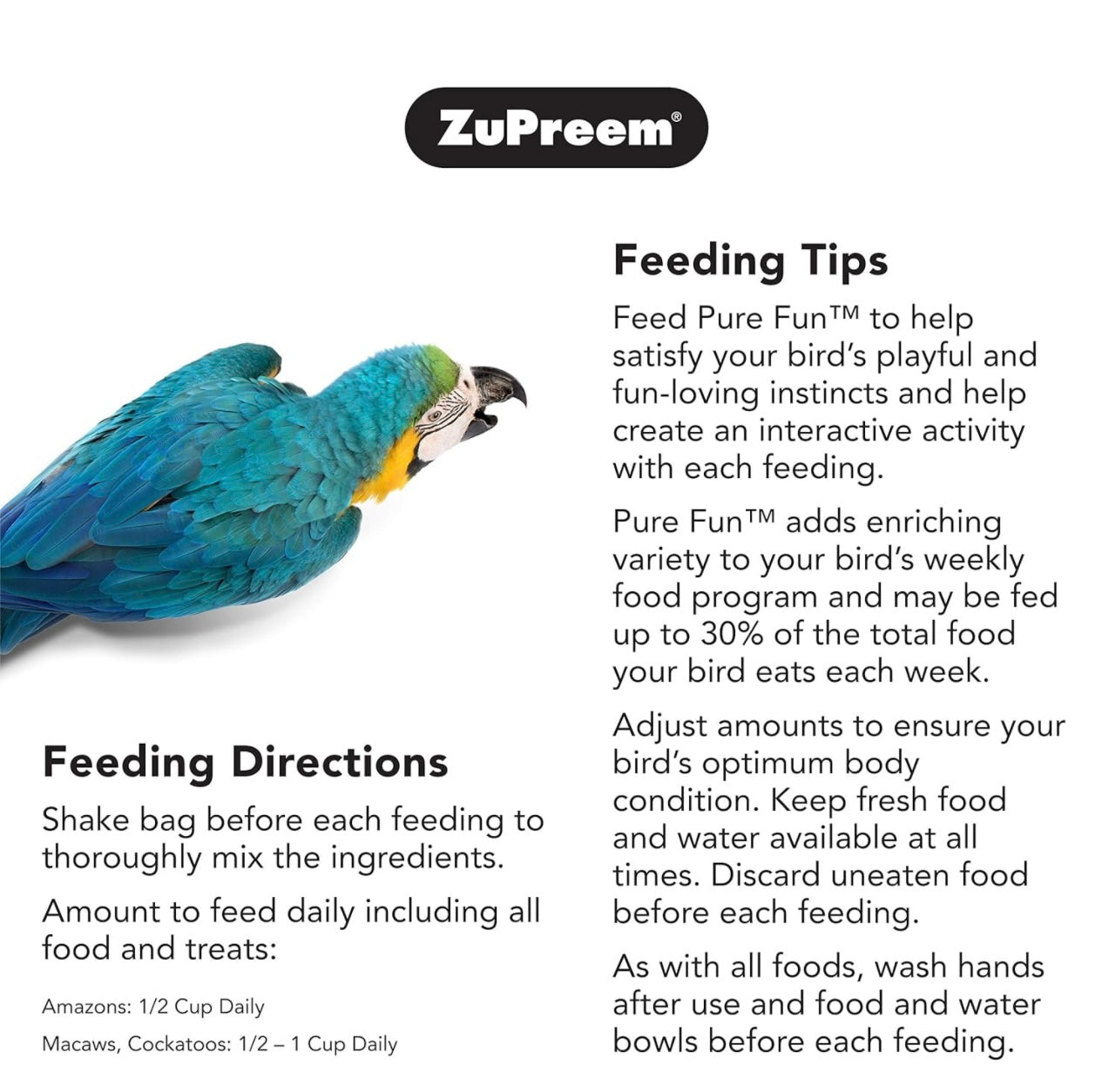 ZuPreem Pure Fun Bird Food for Large Birds, 2 lb - Variety Blend of Fruit, FruitBlend Pellets, Vegetables, Nuts for Amazons, Macaws, Cockatoos