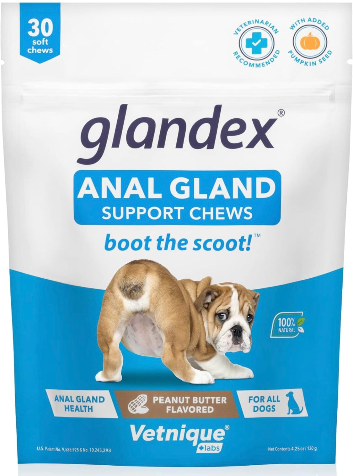 Glandex Anal Gland Soft Chew Treats with Pumpkin for Dogs Digestive Enzymes, Probiotics Fiber Supplement for Dogs Boot The Scoot (Peanut Butter Chews, 30ct)