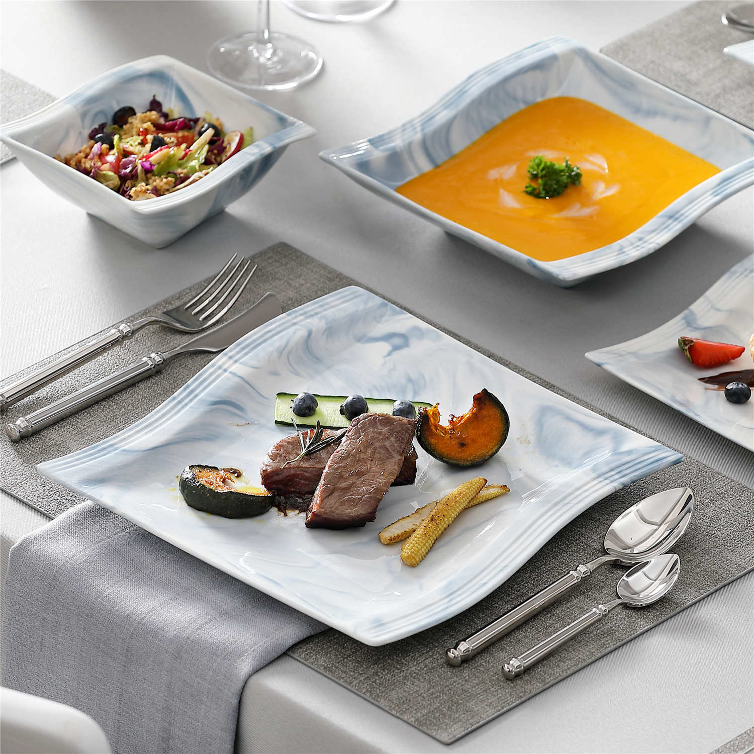 Flora Marble Blue 26 Piece Dinnerware Set