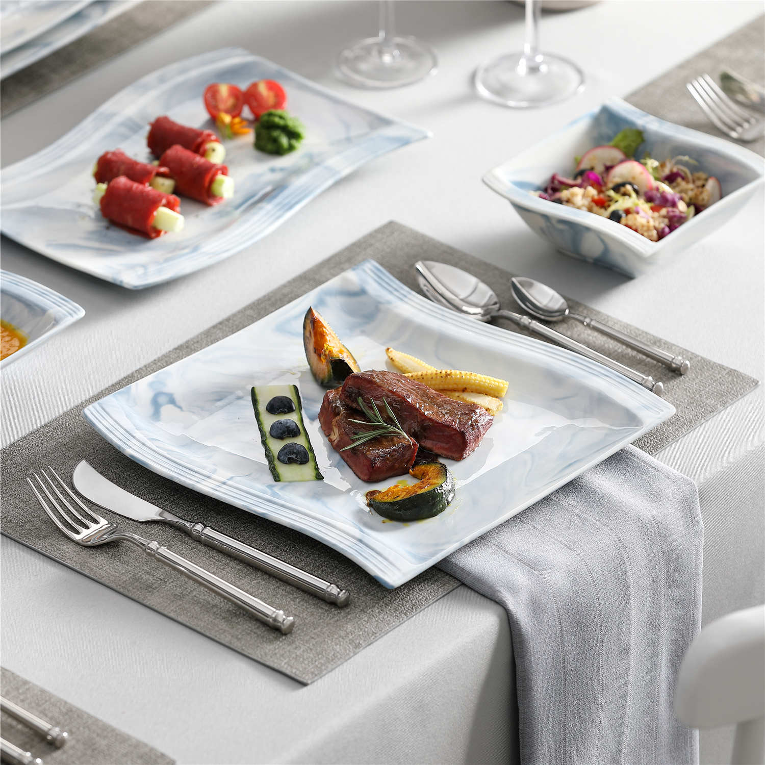 Flora Marble Blue 26 Piece Dinnerware Set