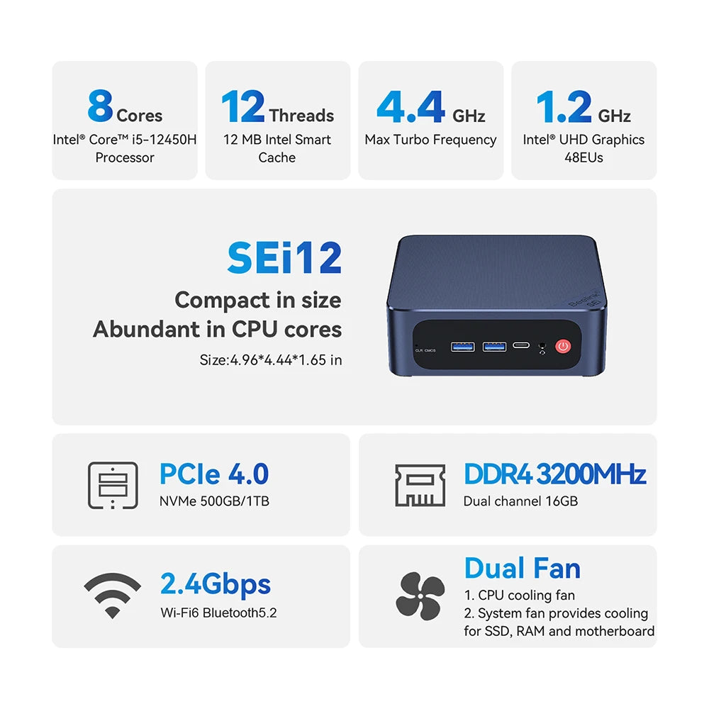 Beelink SEi 12 12450H Mini PC Intel I5-12450H / i7-12650H Win 11 Pro DDR4 3200mhz NVME SSD Type-C Office Desktop Gaming Computer WIFI6 BT5.2