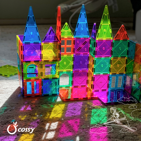 A highly transparent rainbow castle built with cossy magnetic tiles