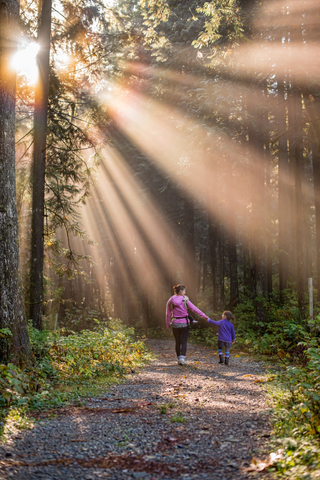 A woman takes a walk with a child in the wild side