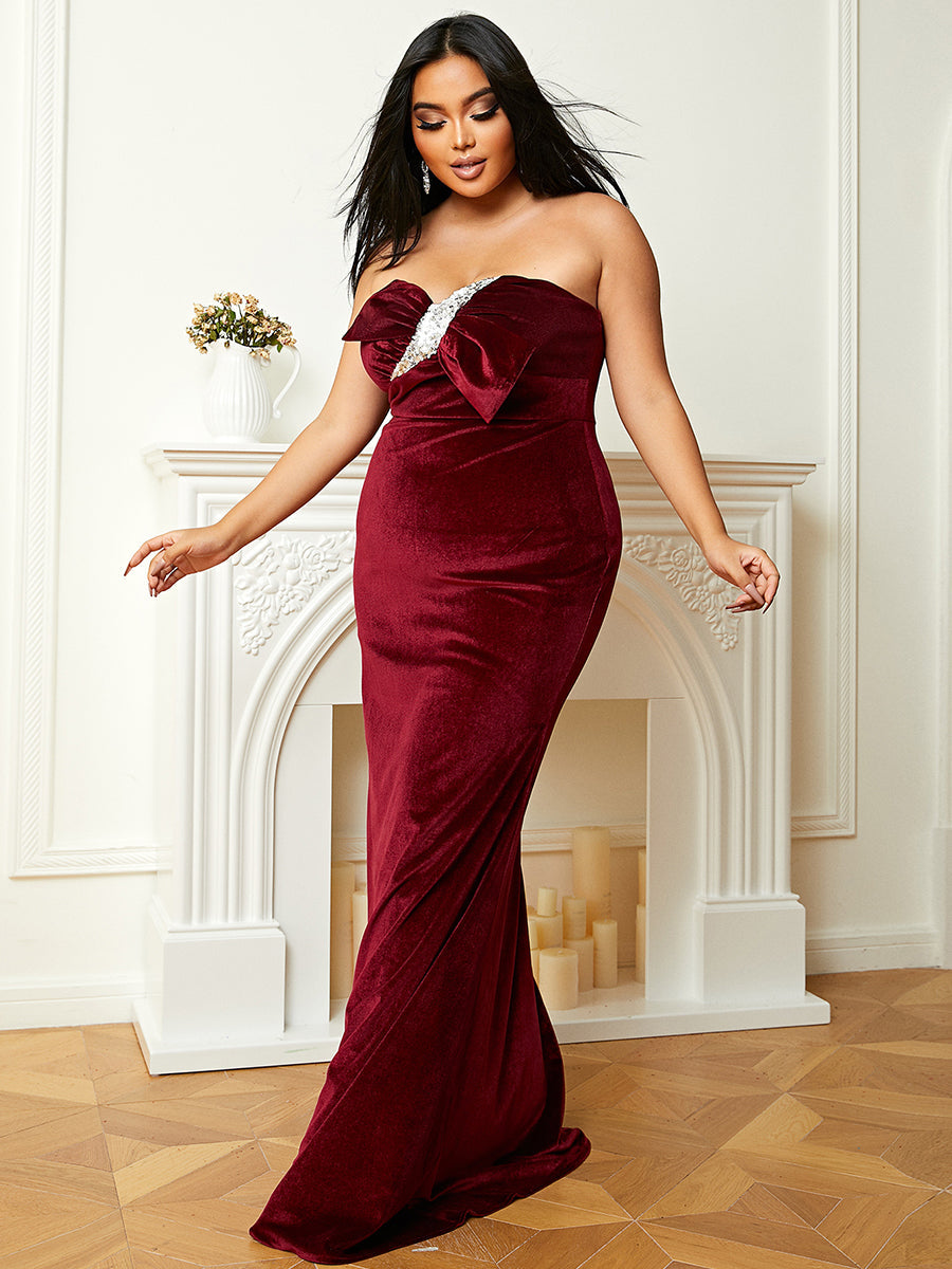 Plus Size Formal StraplessWine Velvet Curve Mermaid Evening Dress PJM099L