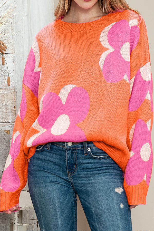 Pink & Orange Floral Cable Knitted Sweater