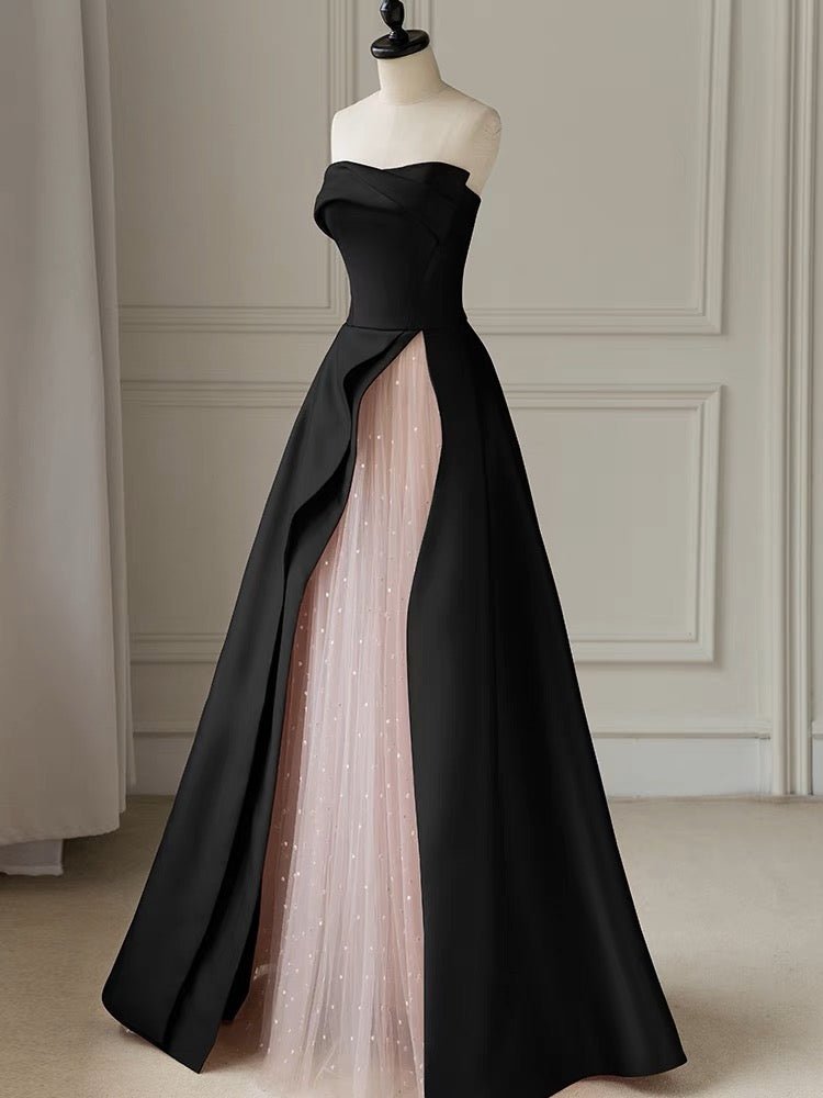 Black Strapless High-Slit Evening Gown With Gauze - Gothic Wedding Dress - Plus Size