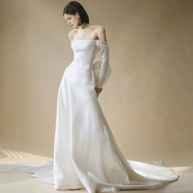 Boho Style Off Shoulder Satin Backless Wedding Dress With Long Sleeves -Simple Bridal Dress  Plus Size