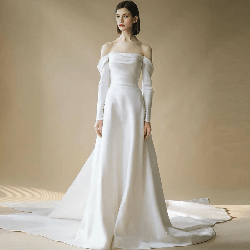 Boho Style Off Shoulder Satin Backless Wedding Dress With Long Sleeves -Simple Bridal Dress  Plus Size