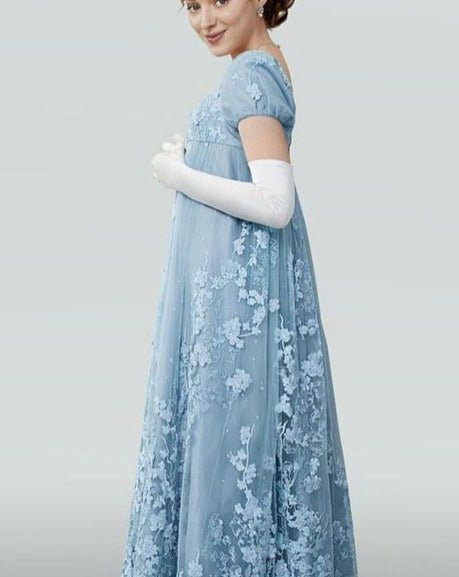 Bridgerton Daphne Blue Pink Lilac Lace Dress With Beading- Regency Era Blue Lace Dress Plus Size