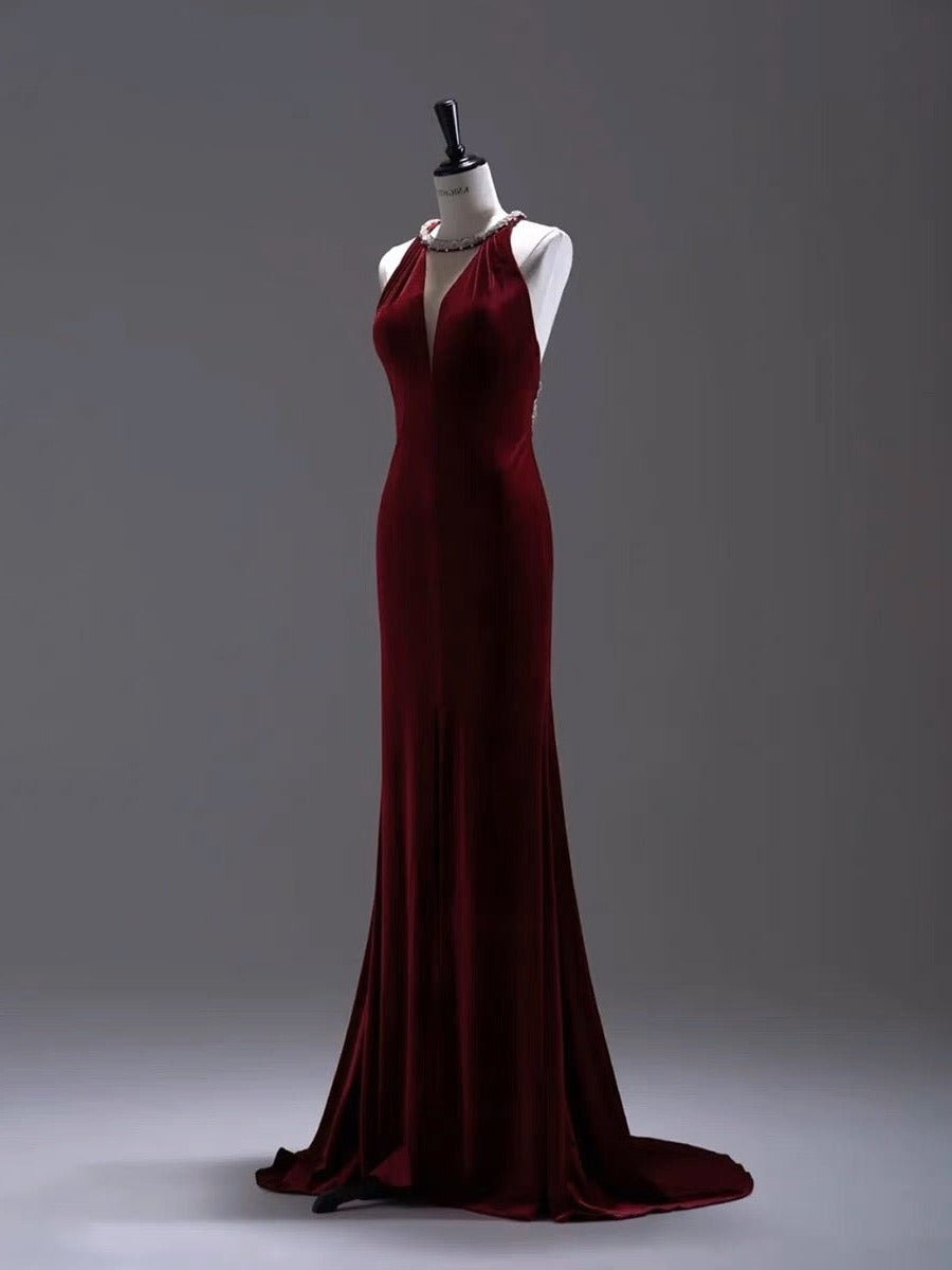 Burgundy Velvet Backless V-neck Mermaid Evening Gown With Crystal Chain Back- Plus Size