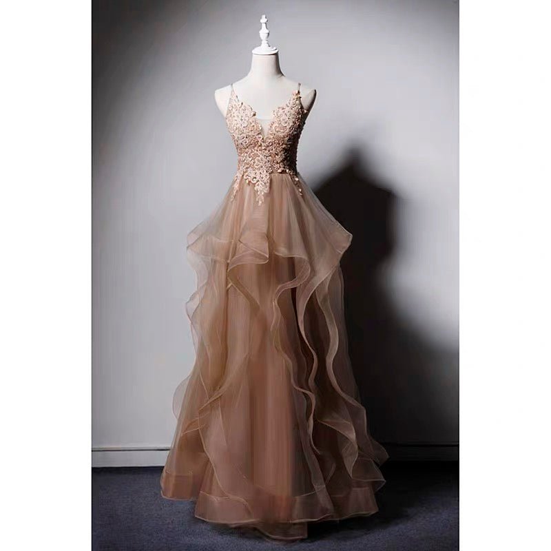 Champaign V-neck Gauze Prom Dress - Formal Dress Plus Size