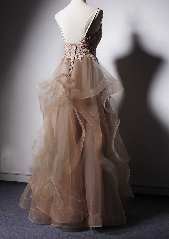 Champaign V-neck Gauze Prom Dress - Formal Dress Plus Size