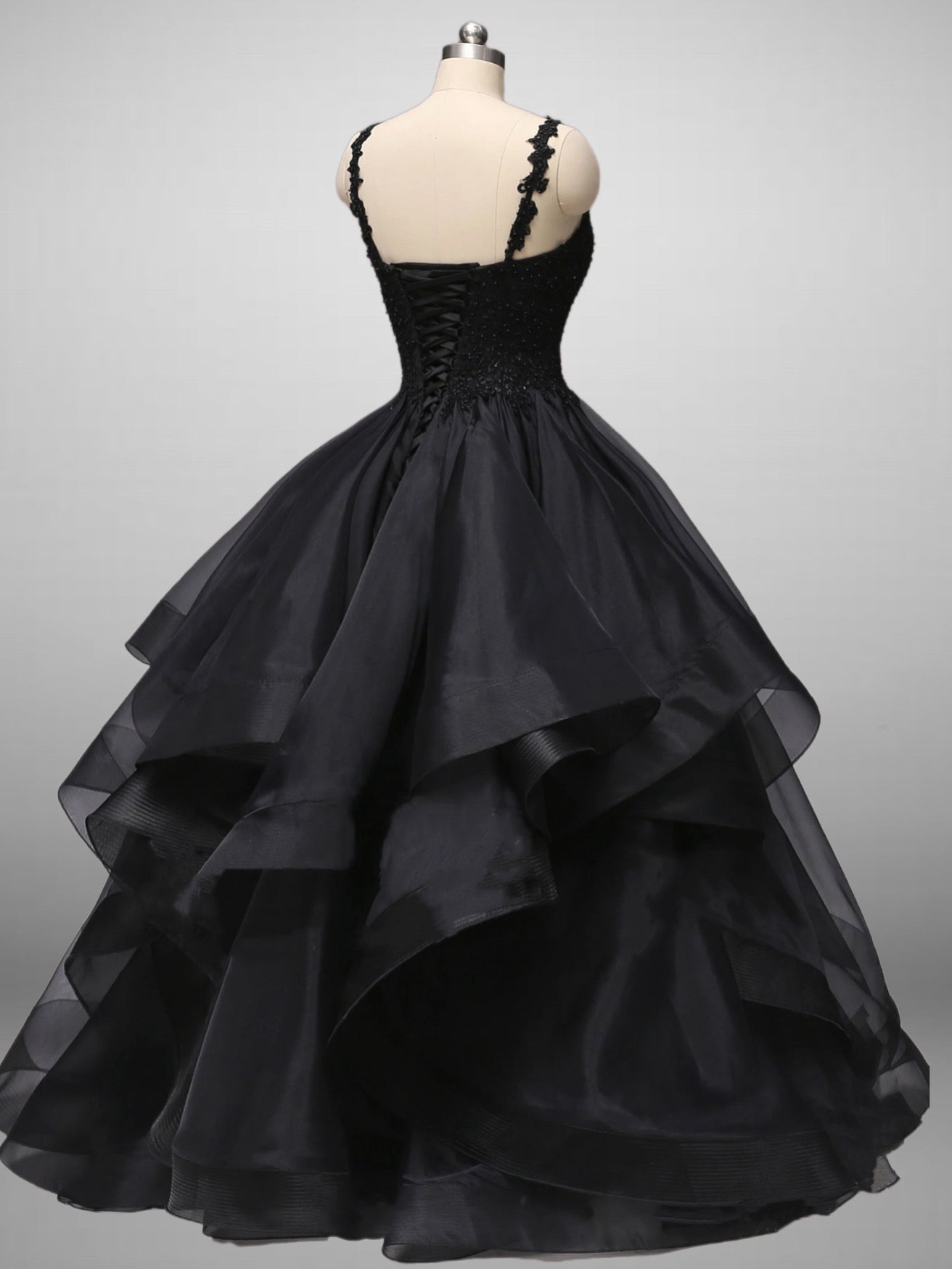 Classic Gothic Black Lace Embroidered A-Line Formal Dress With Ruffle Skirt Spaghetti Straps Plus Size