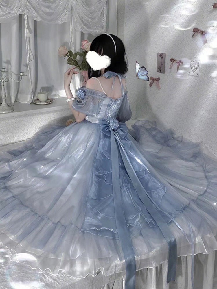 Fairy-like Ombre Blue Lace Lolita Dress with Puffy Sleeves Day Dress