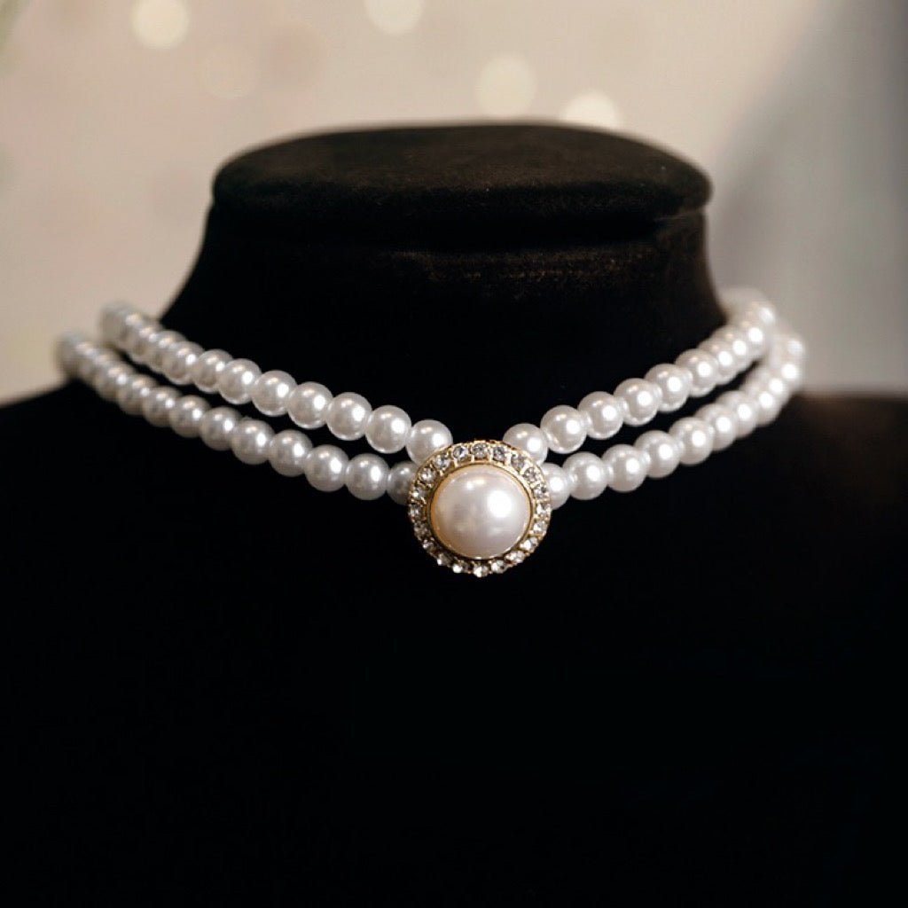 French Vintage Double-layered Pearl and Rhinestone Collarbone Necklace for Bride, Wedding Dress, Evening Dress, Banquet and Daily Wear