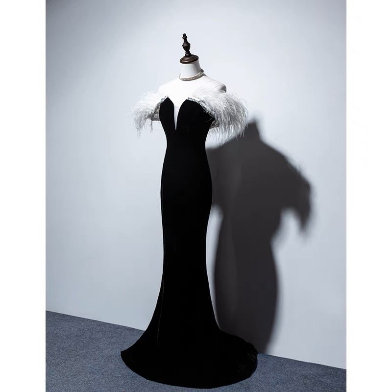 Gothic Black And White Feather Off Shoulder V-neck Velvet Evening Gown - Plus Size