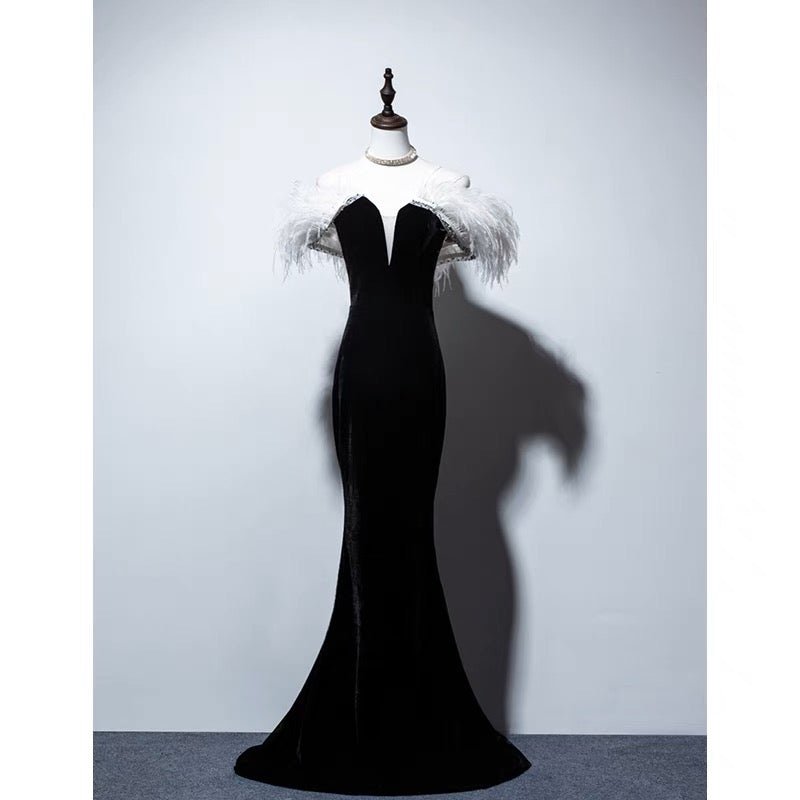 Gothic Black And White Feather Off Shoulder V-neck Velvet Evening Gown - Plus Size