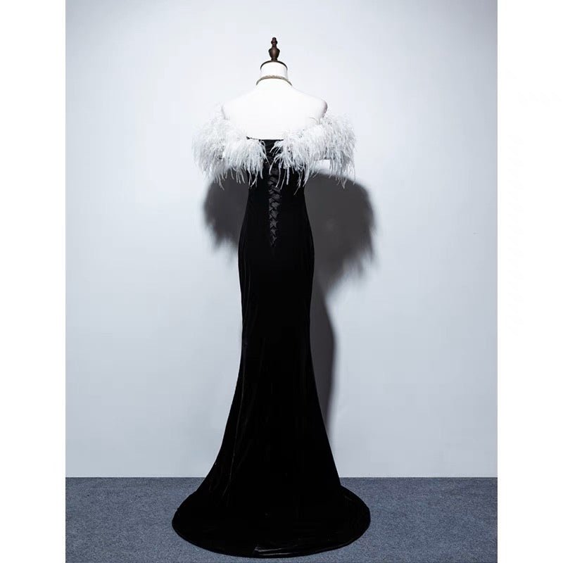 Gothic Black And White Feather Off Shoulder V-neck Velvet Evening Gown - Plus Size