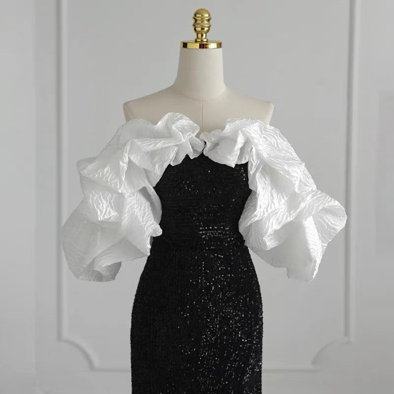 Gothic Black And White Evening Gown - With Ruffle Plus Size Formal Dress