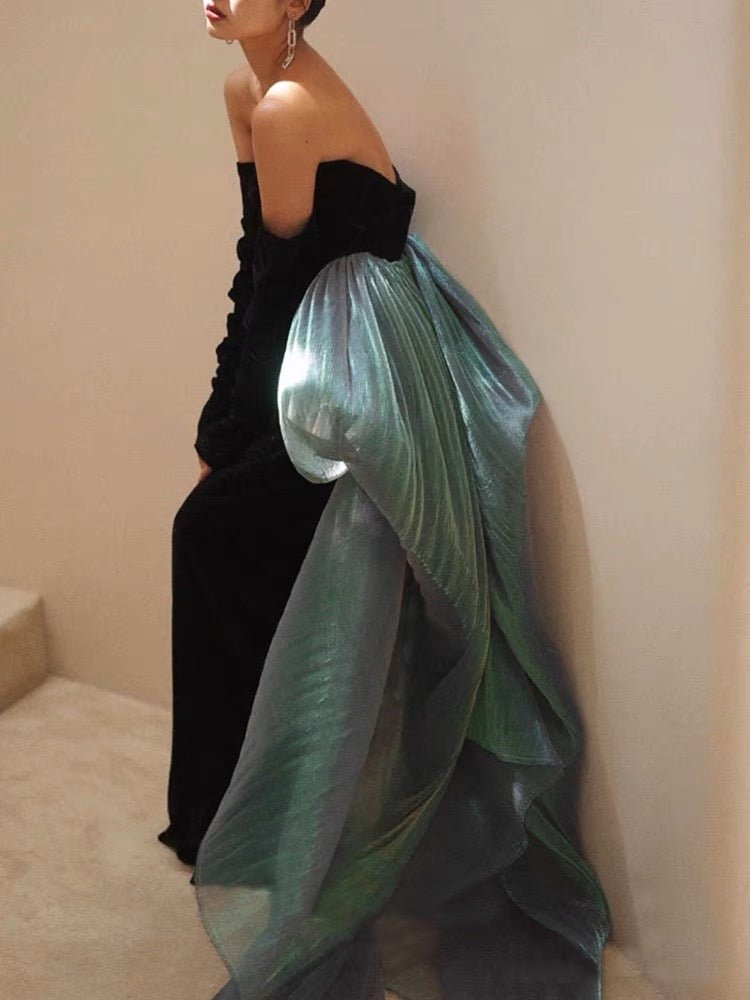 Gothic Black Formal Off Shoulder Dress With Green Gauze - Plus Size