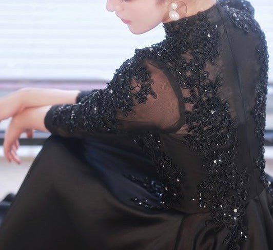 Gothic Black Lace and Embroidery Modest Wedding Dress With Long Sleeve - Black Formal Dress Plus Size