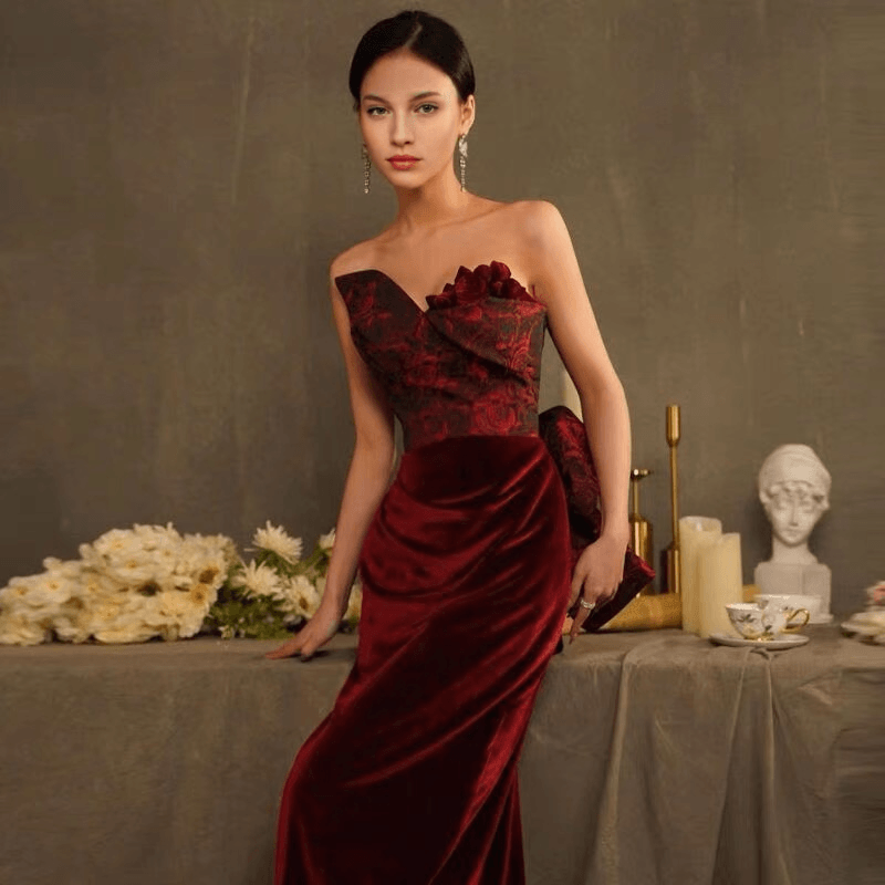 Gothic Burgundy Red Velvet Mermaid Formal Dress -Ball Gown Plus Size