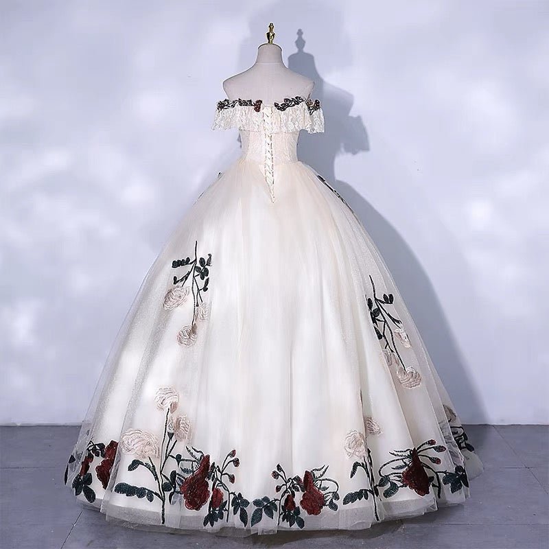 Gothic Off-Shoulder Floral Corset Wedding Dress - Gothic Prom Dress - Plus Size