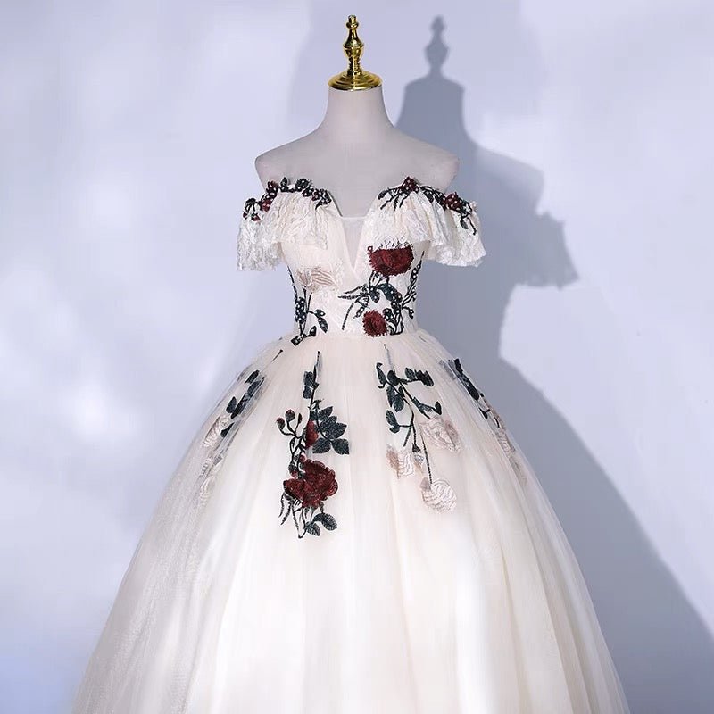 Gothic Off-Shoulder Floral Corset Wedding Dress - Gothic Prom Dress - Plus Size