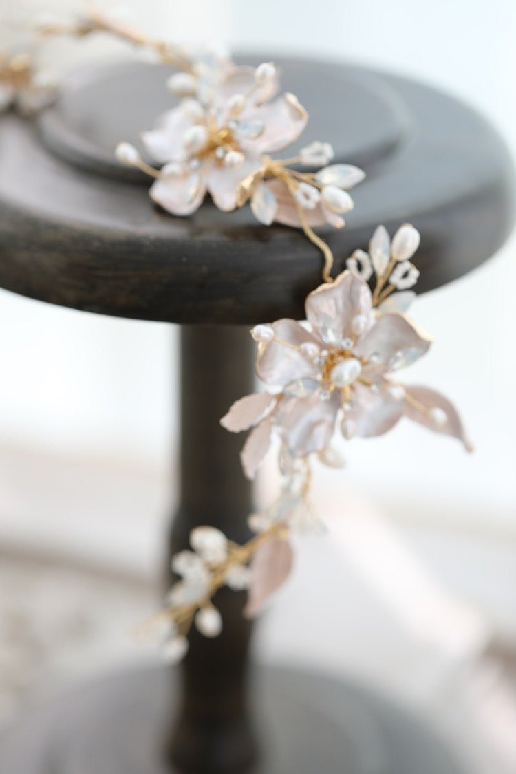 Handcrafted Floral Headpiece with Natural Pearl and Moonstone, Elegant Bridal Accessory for Formal Occasions and Weddings