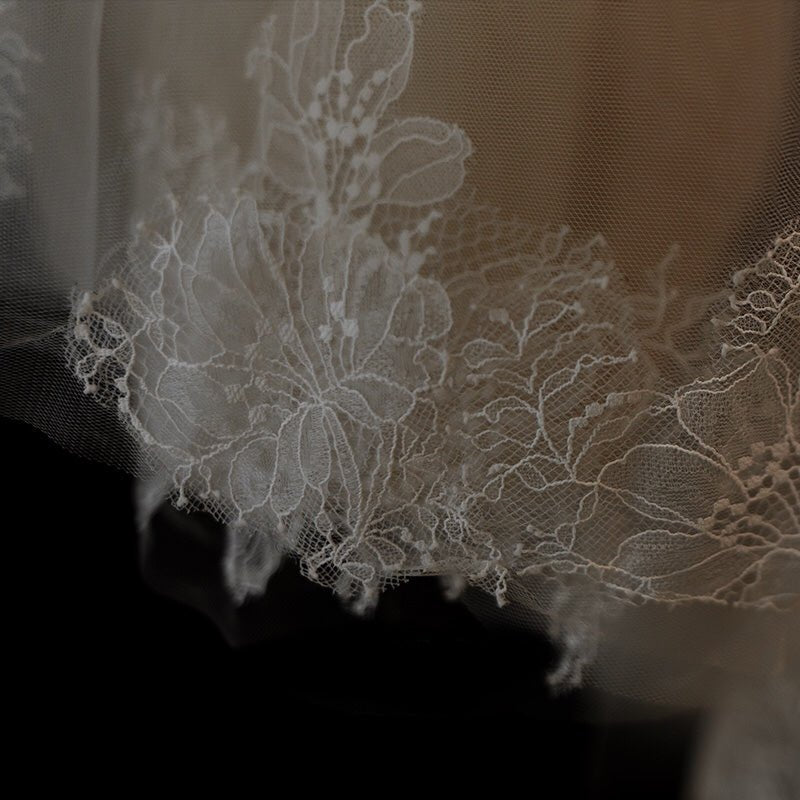 Lace Edged Bridal Blusher Veil With Embroidery - Waltz Wedding Veil