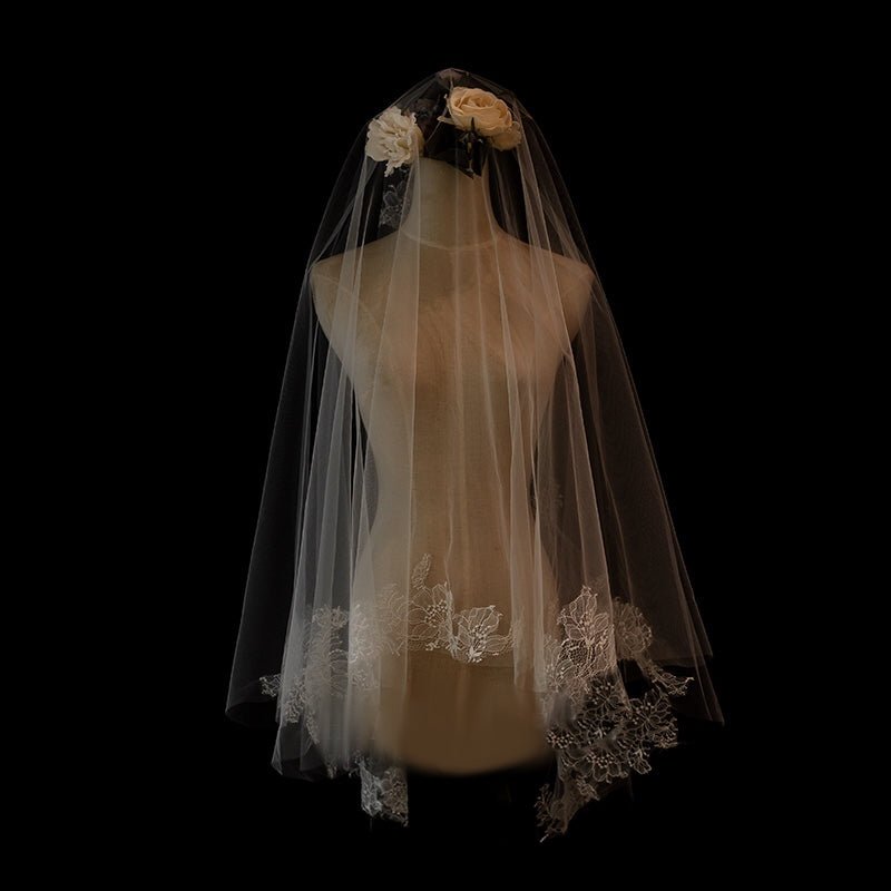 Lace Edged Bridal Blusher Veil With Embroidery - Waltz Wedding Veil